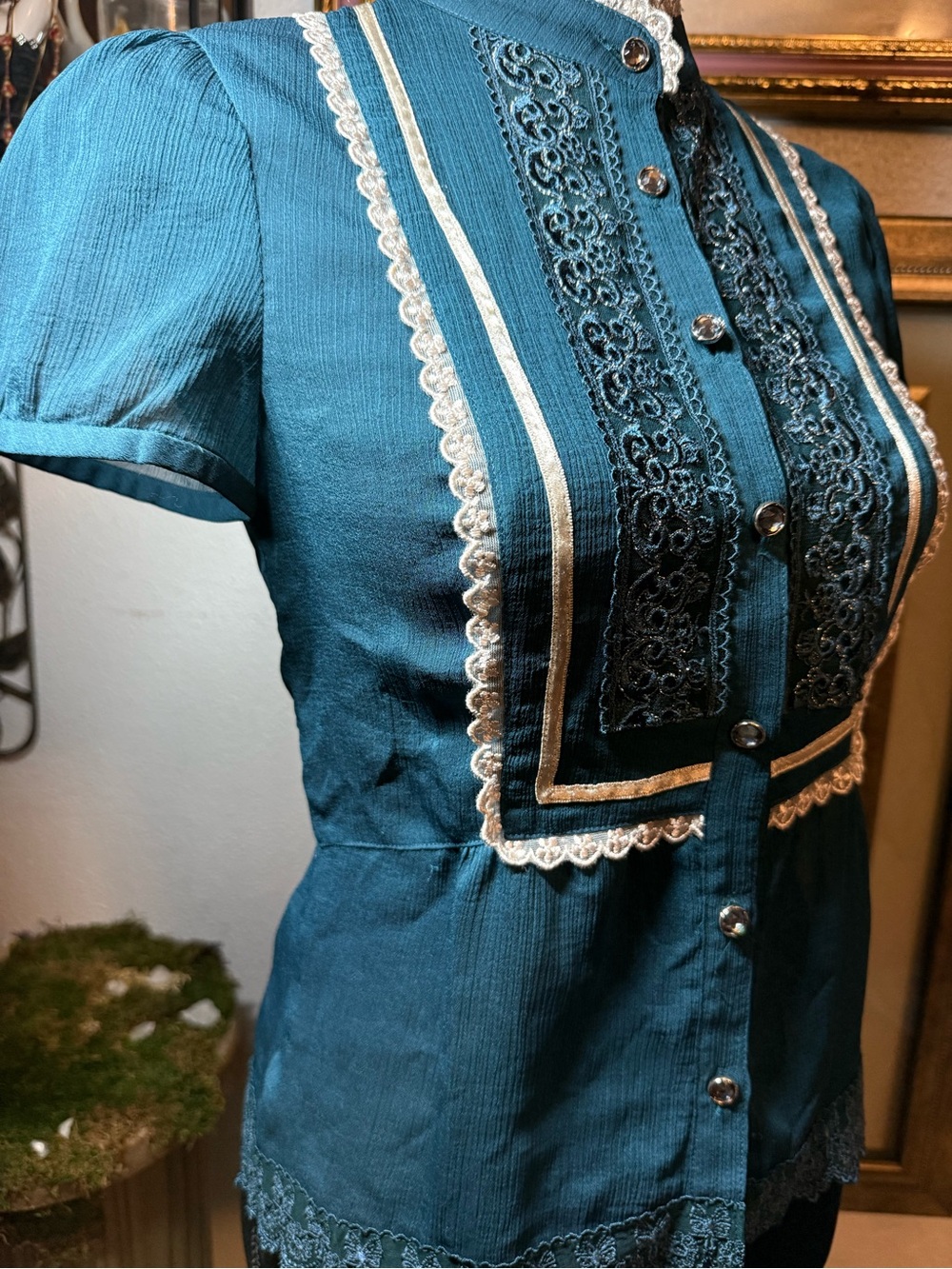 Victorian Teal Lace Bib Front Blouse •Size S• Sheer Chiffon Rhinestone Buttons - Picture 5 of 16